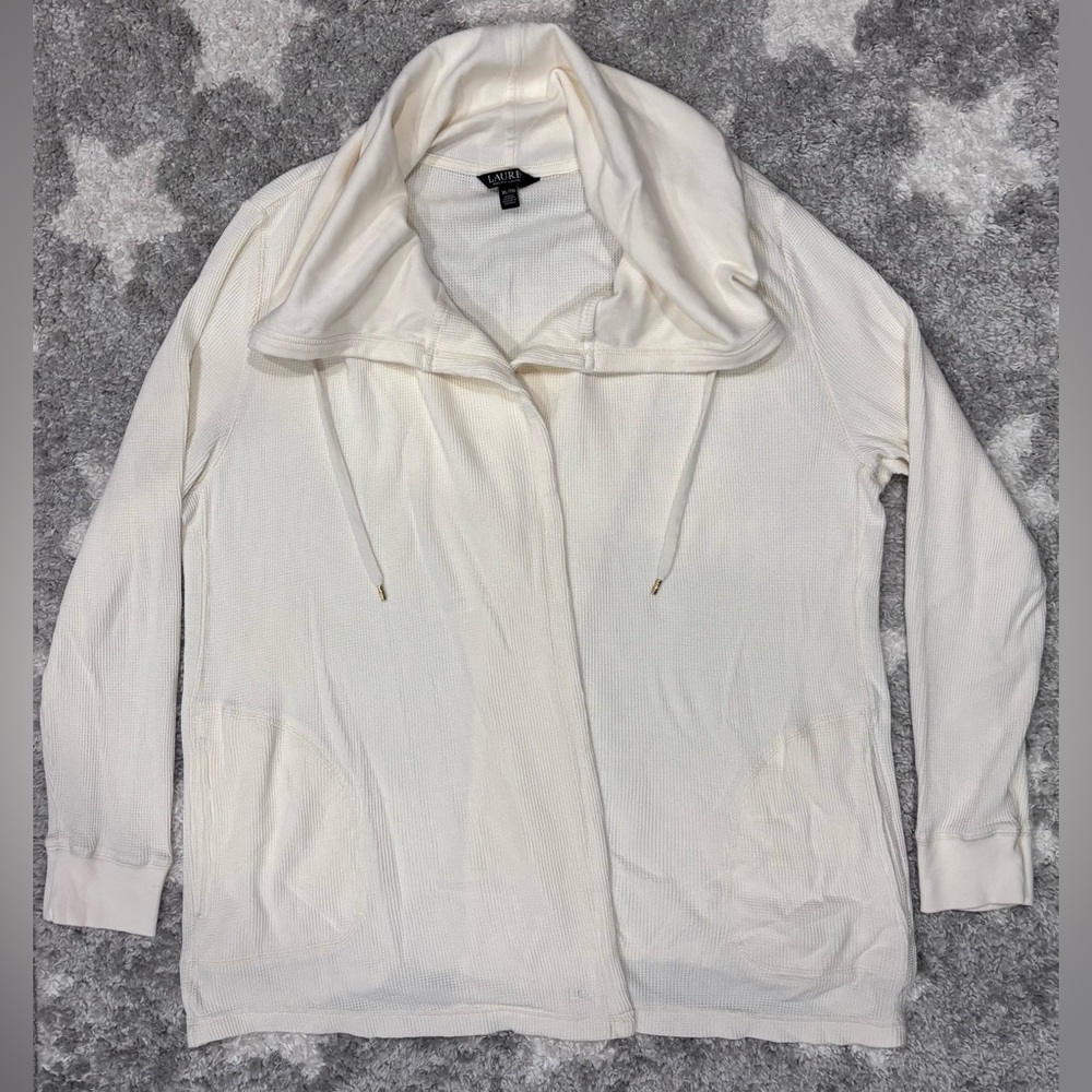 Lauren Ralph Lauren Black Label Open Front Waffle Knit Cardigan Size XL Cream